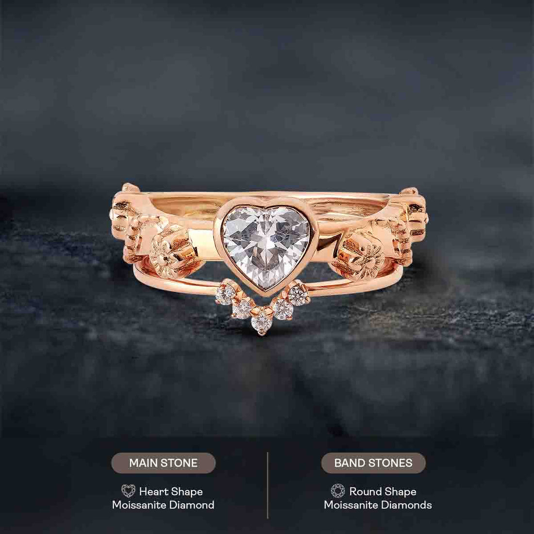 Heart Moissanite Engagement Ring Set Floral Bridal Rings