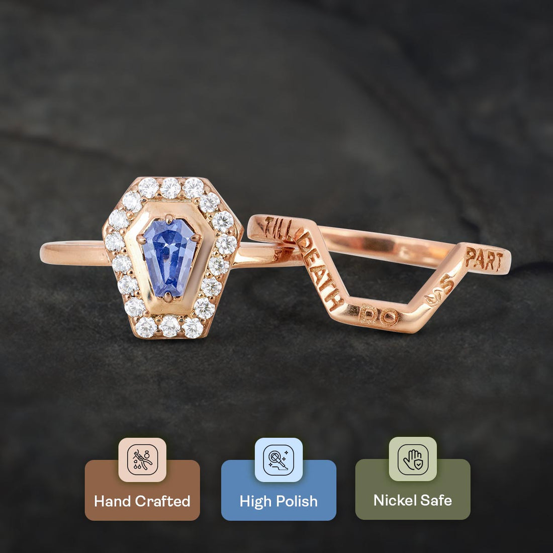 Coffin Shape Bridal Ring Set Till Death Do Us Part Wedding Band