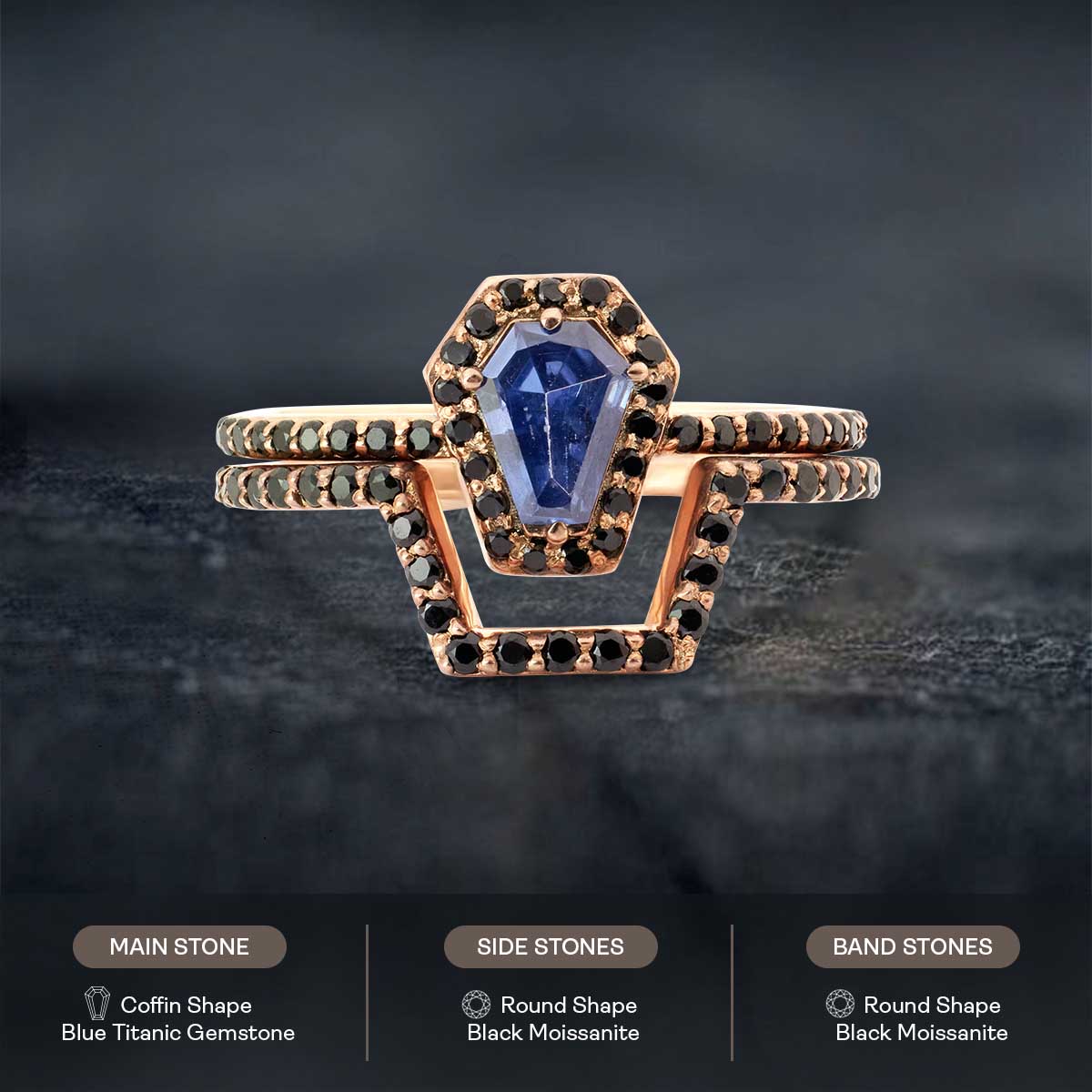 Halo Coffin Bridal Ring Set Blue Titanic Gemstone Engagement 14k Rose Gold