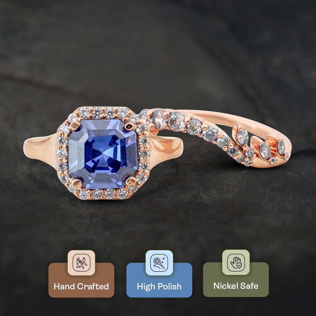 Heart of The Ocean - Blue Titanic Gemstone Halo Bridal Ring Set