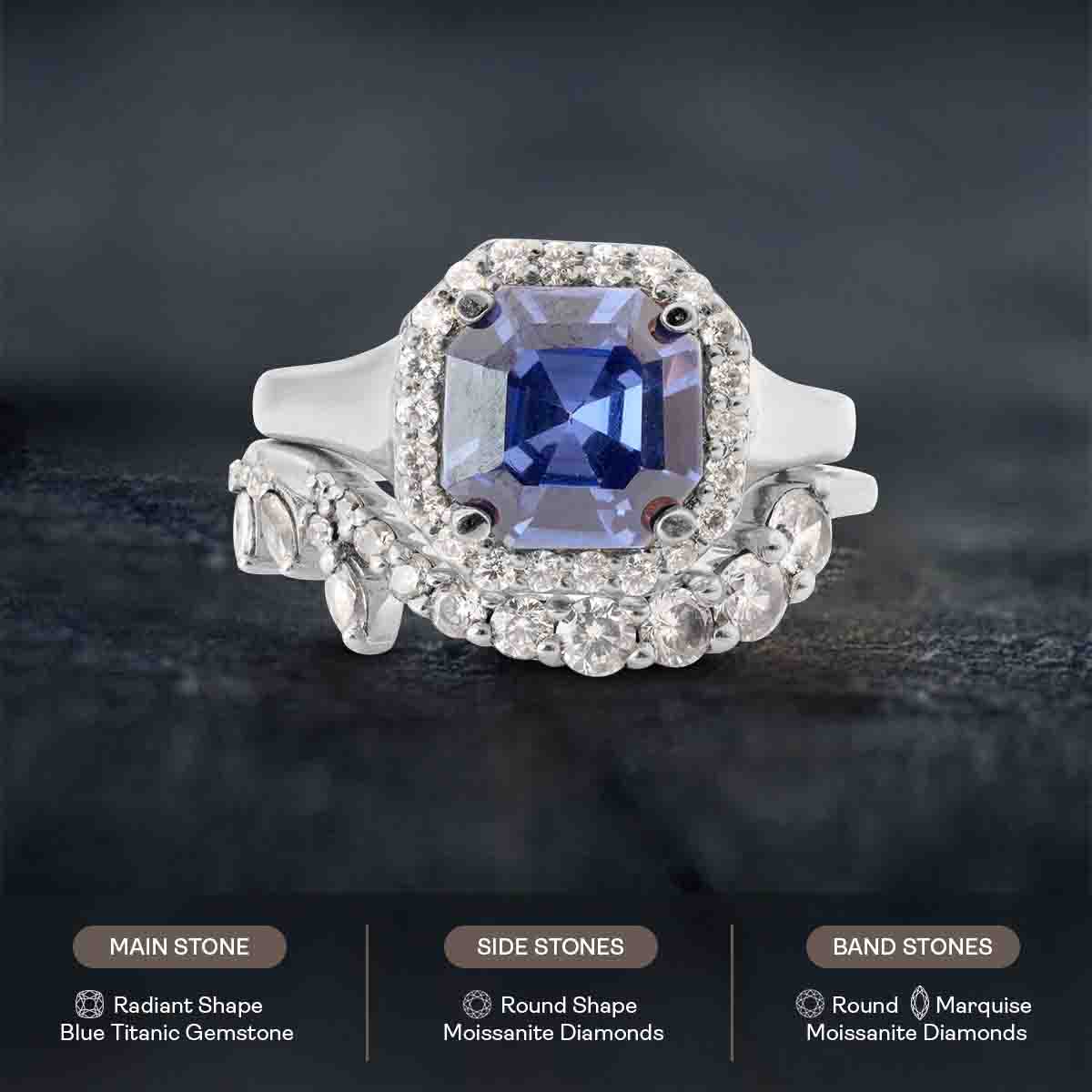 Statement Engagement Ring Set Blue Titanic Gemstone Halo