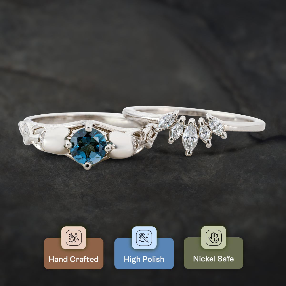 Skull and Snake Ring Set Natural London Blue Topaz Gothic Bridal Ring Tiara Wedding Band