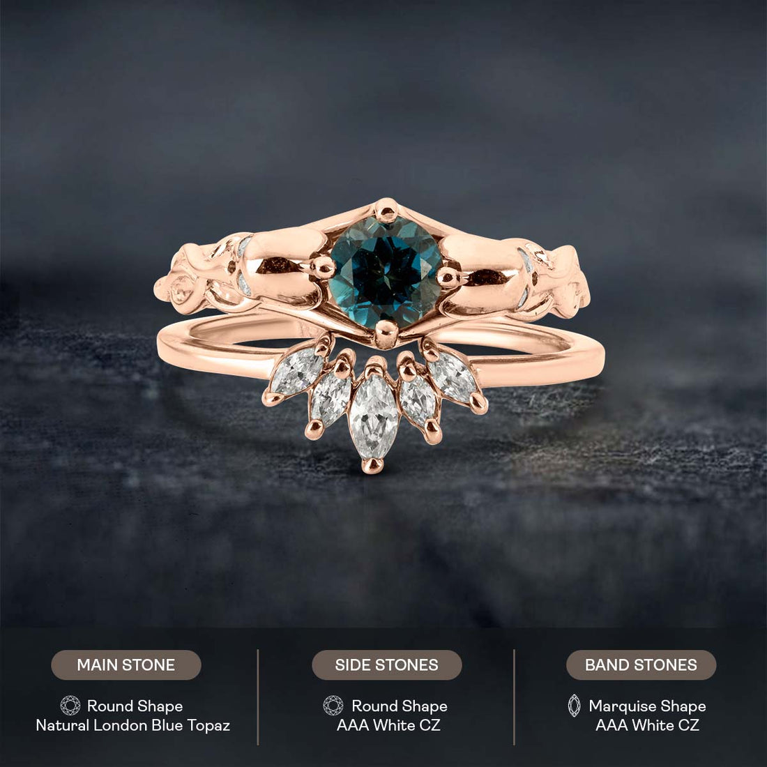 Skull and Snake Ring Set Natural London Blue Topaz Gothic Bridal Ring Tiara Wedding Band