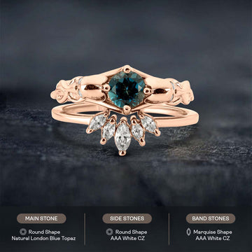 Skull and Snake Ring Set Natural London Blue Topaz Gothic Bridal Ring Tiara Wedding Band