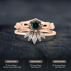 Skull and Snake Ring Set Natural London Blue Topaz Gothic Bridal Ring Tiara Wedding Band