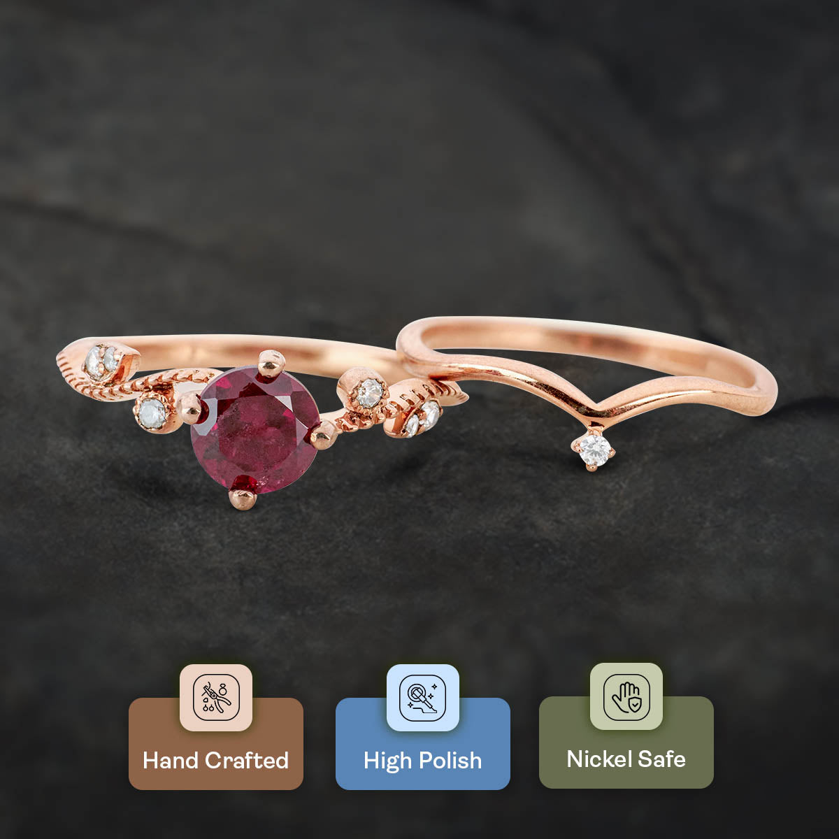 Natural Rhodolite Engagement Ring Set Art Deco Bridal Jewelry