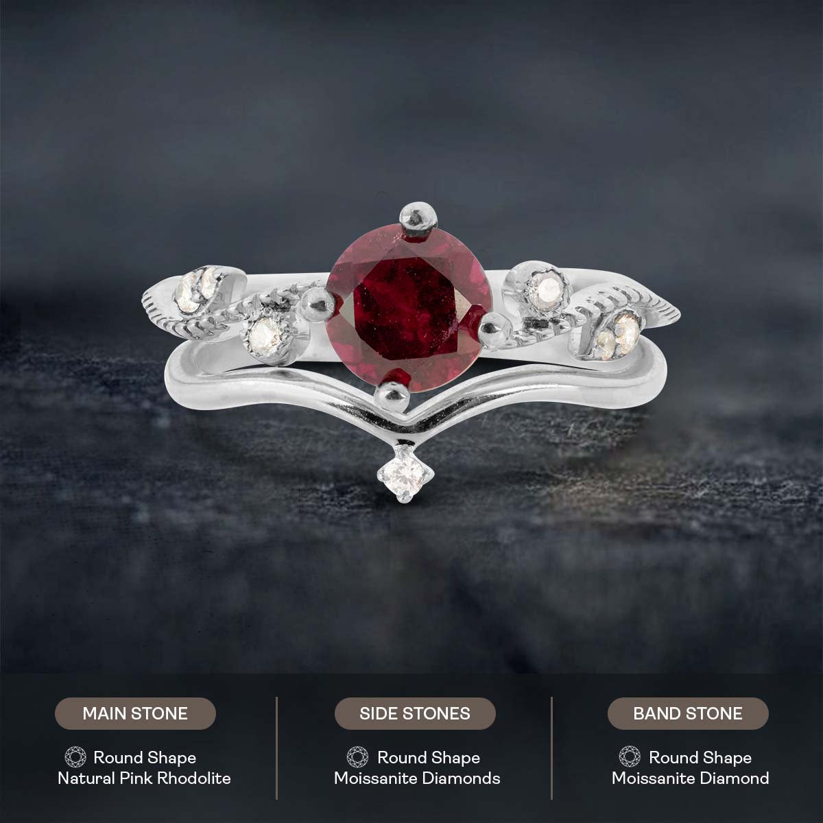 Natural Rhodolite Engagement Ring Set Art Deco Bridal Jewelry