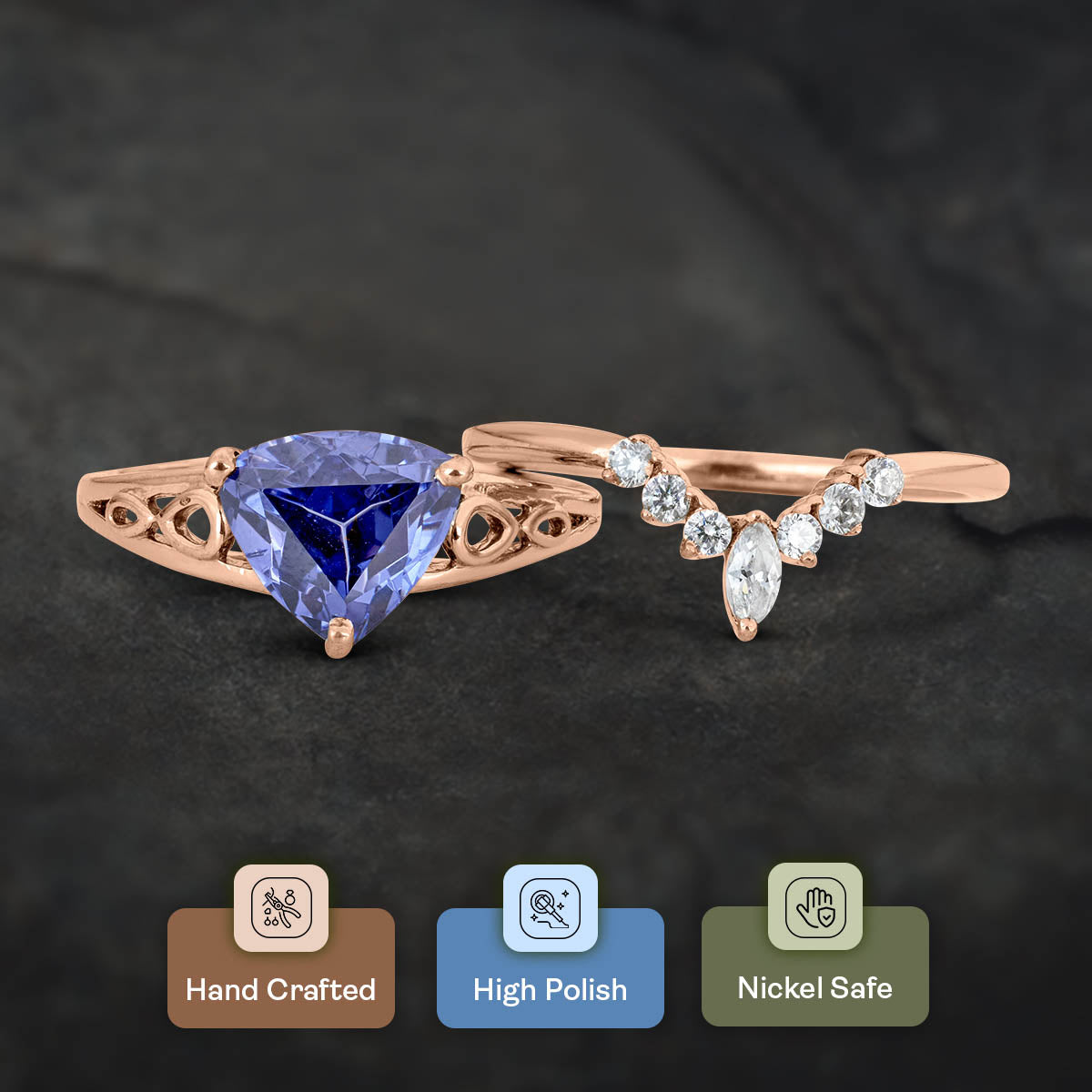 Trillion Cut Blue Titanic Gemstone Bridal Ring Set 14k White Gold
