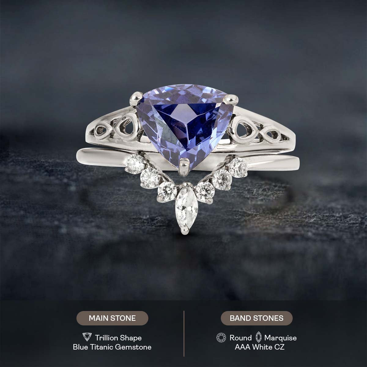 Trillion Cut Blue Titanic Gemstone Bridal Ring Set 14k White Gold