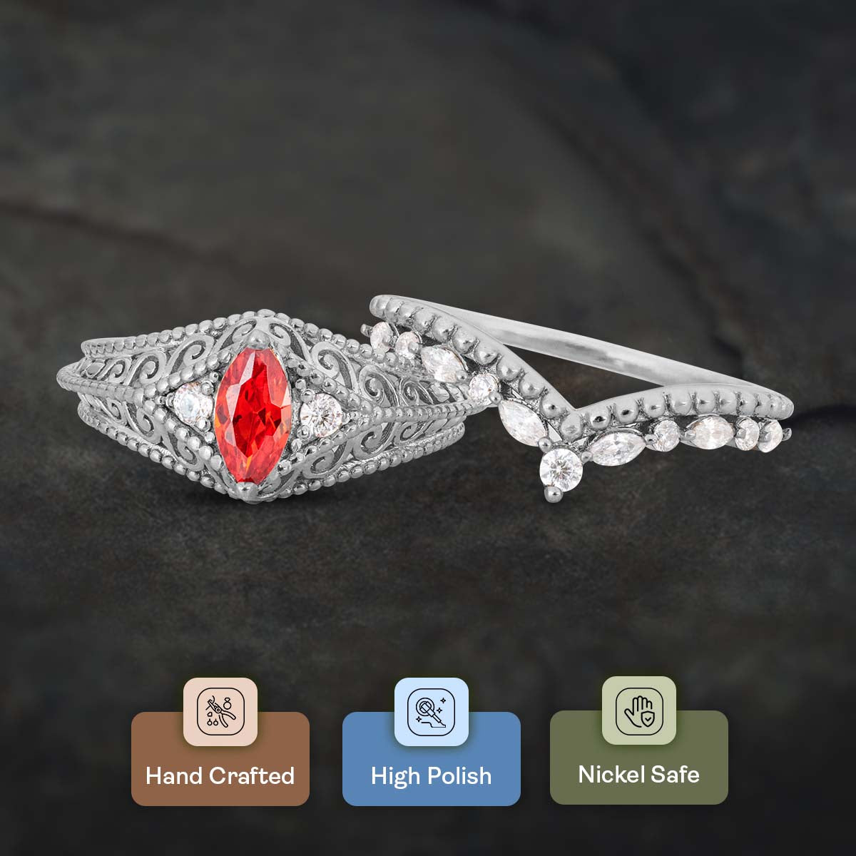 Art Deco Engagement Ring Set Filigree Milgrain Marquise Cut Orange Sapphire Chevron