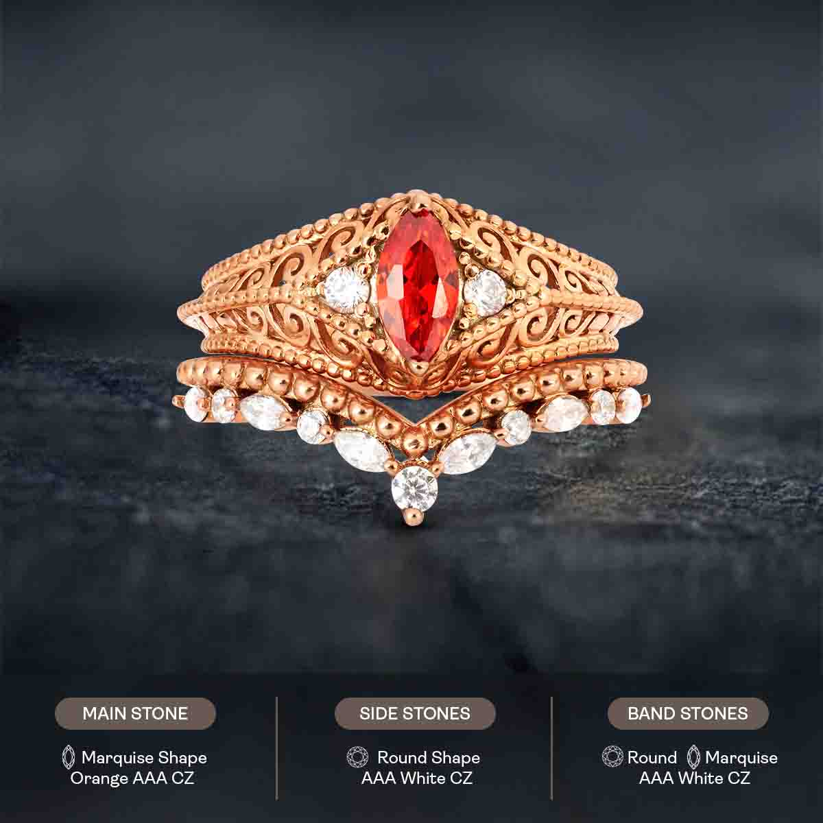 Art Deco Engagement Ring Set Filigree Milgrain Marquise Cut Orange Sapphire Chevron