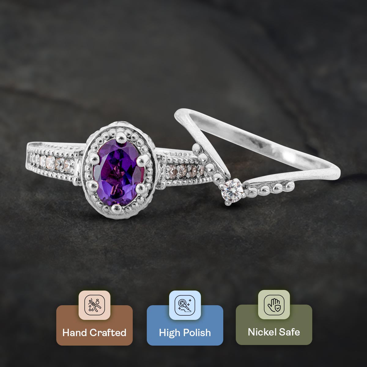 1920's Vintage Inspired Engagement Ring Set Oval Cut Amethyst