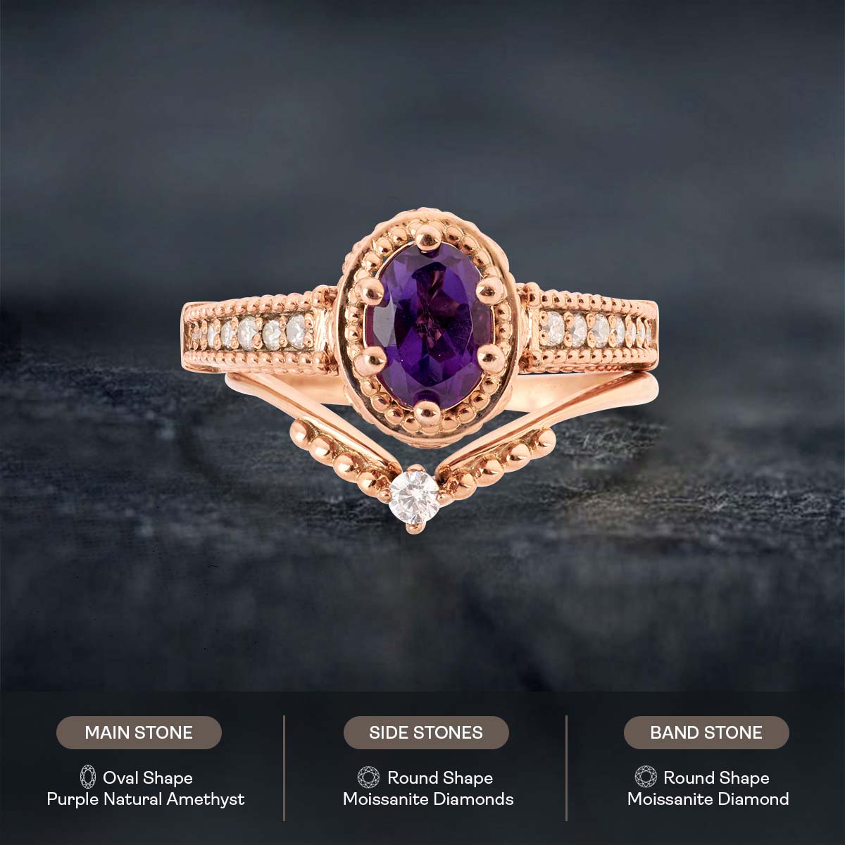 1920's Vintage Inspired Engagement Ring Set Oval Cut Amethyst