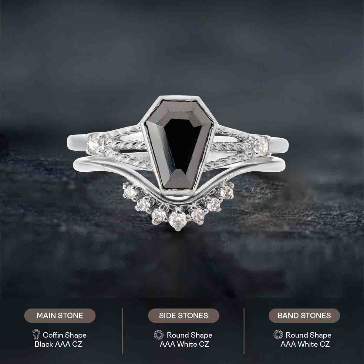 Black Spinel Coffin Engagement Ring Set Gothic Wedding Rings