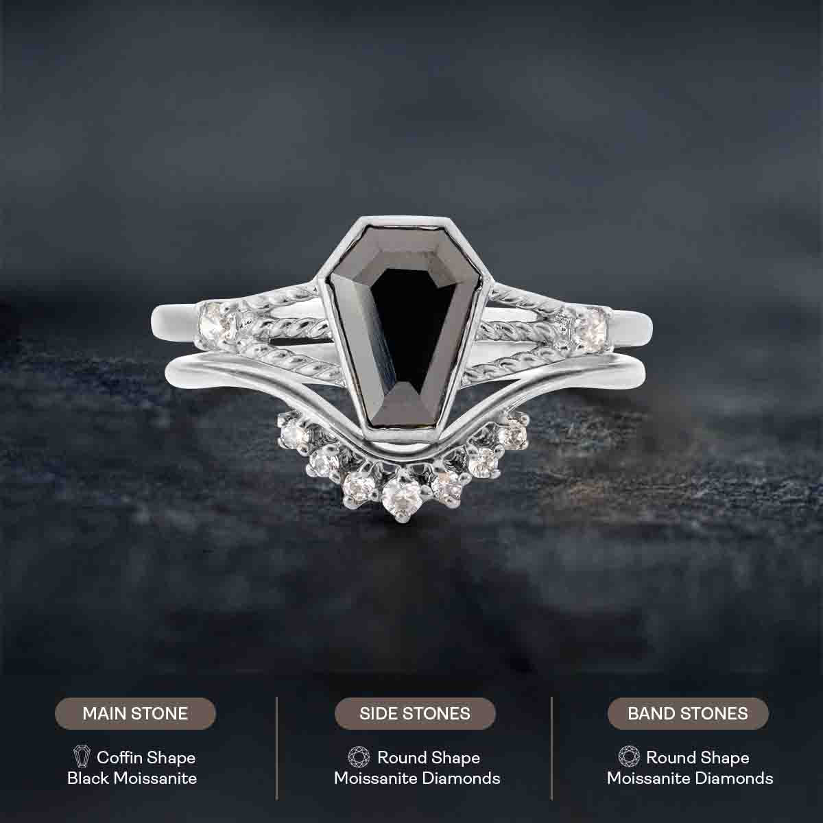 Black Spinel Coffin Engagement Ring Set Gothic Wedding Rings