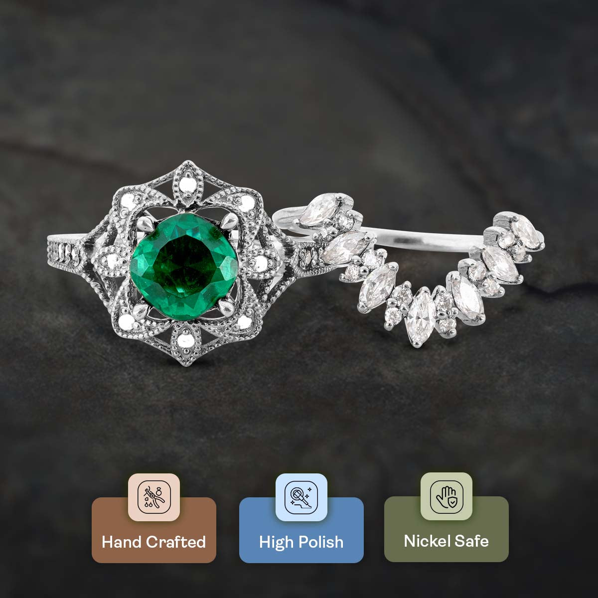 Milgrain Art Deco Engagement Ring Set Green Emerald Vintage Bridal Rings
