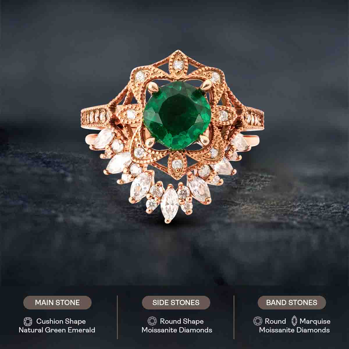 Milgrain Art Deco Engagement Ring Set Green Emerald Vintage Bridal Rings