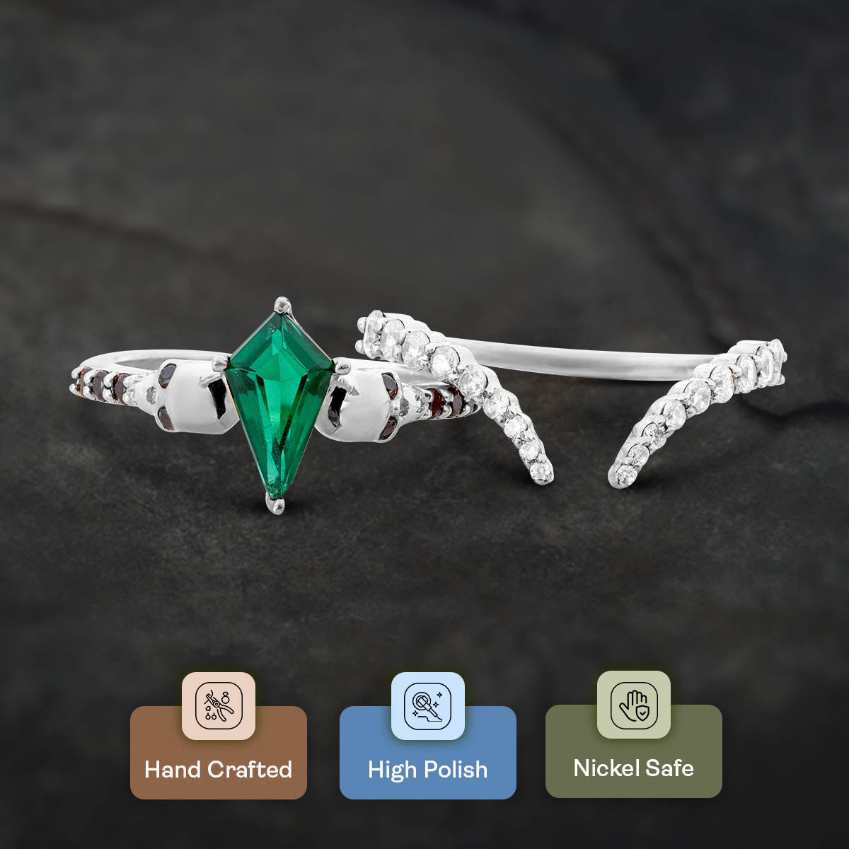 Kite Cut Emerald Skull Rings Gothic Bridal Ring Set 18k Rose Gold