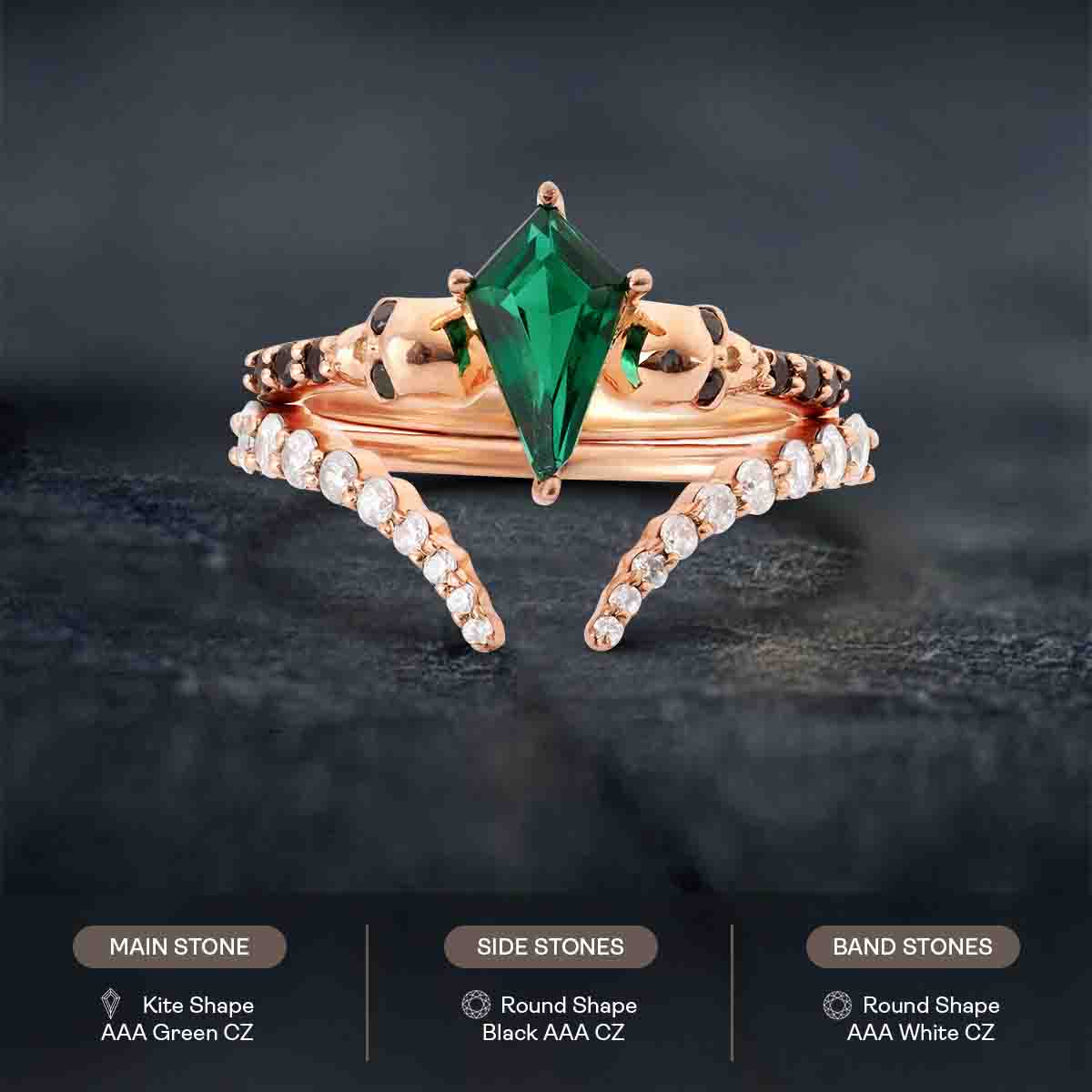 Kite Cut Emerald Skull Rings Gothic Bridal Ring Set 18k Rose Gold
