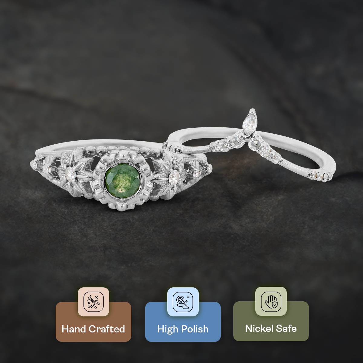 Moss Agate Flower Ring Set Art Deco Floral Bridal Ring Rose Gold
