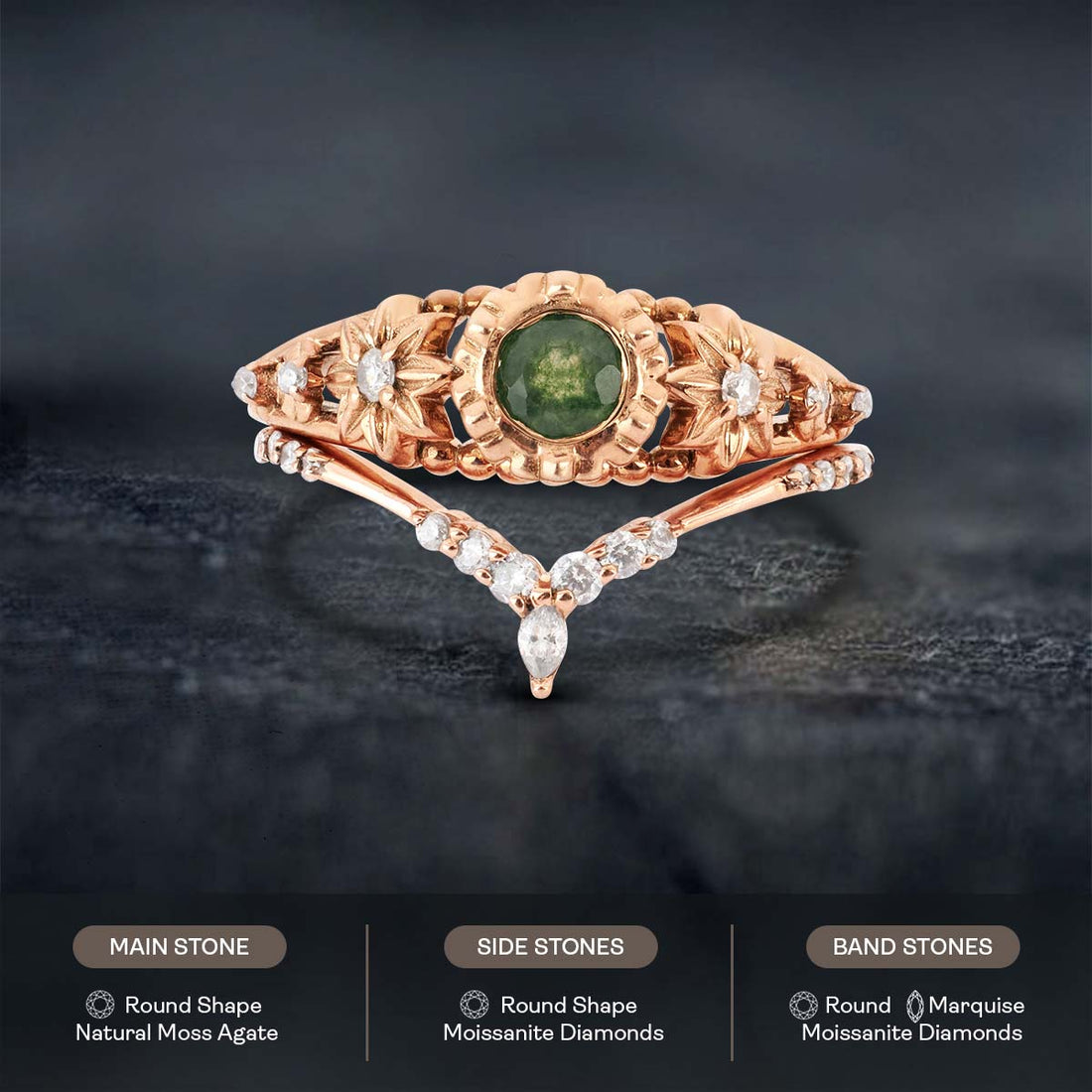Rose Gold Flower Moss Agate Ring Floral Bridal Wedding Ring Set