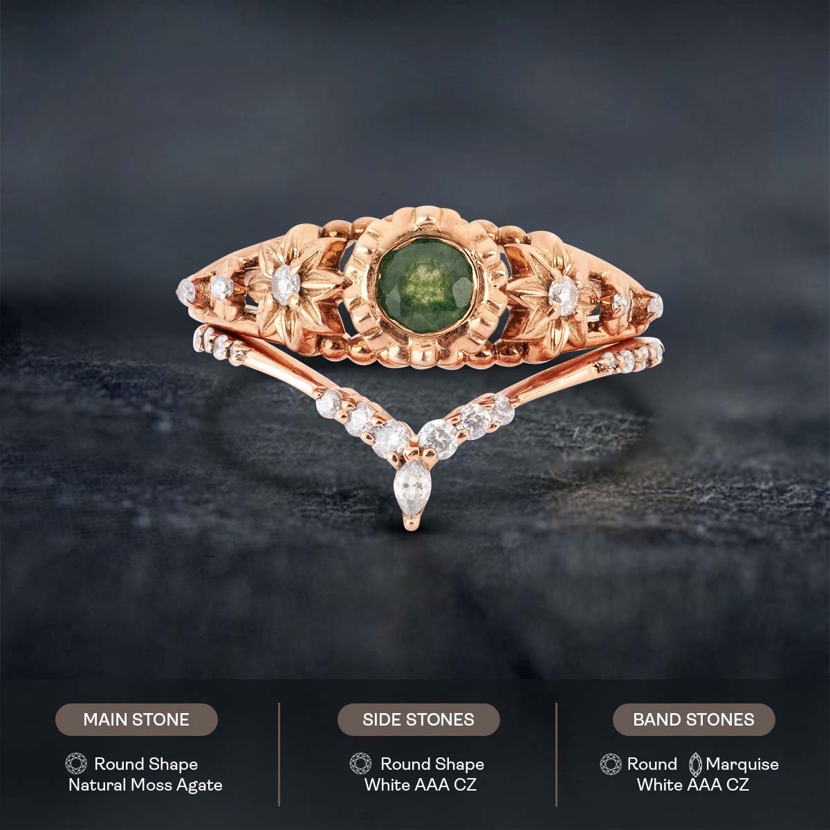 Moss Agate Flower Ring Set Art Deco Floral Bridal Ring Rose Gold