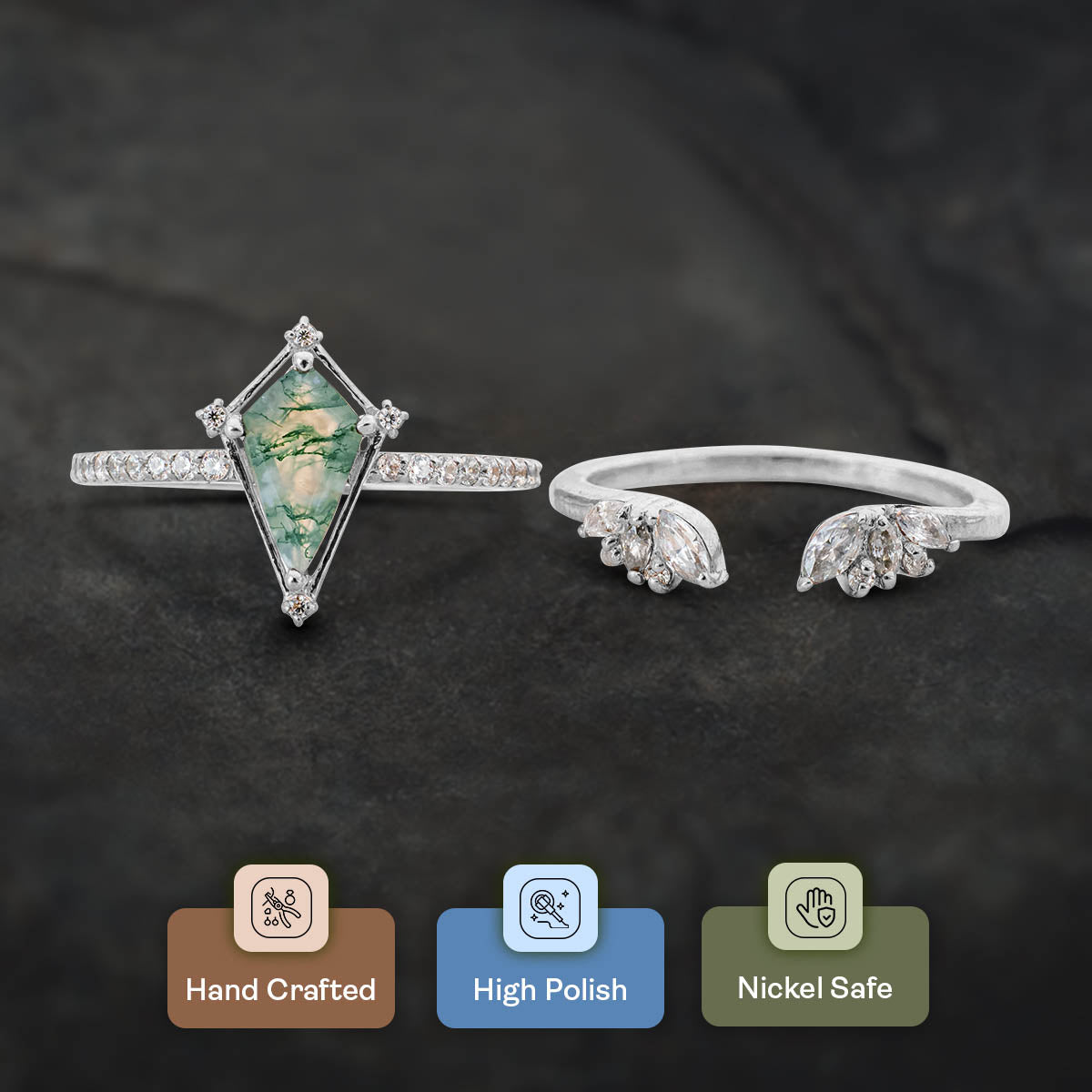 Kite Cut Moss Agate Ring Set Vintage Moissanite Wedding Band