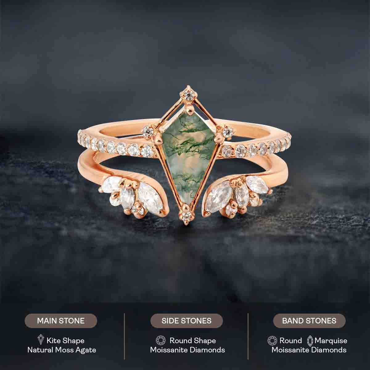 Kite Cut Moss Agate Ring Set Vintage Moissanite Wedding Band
