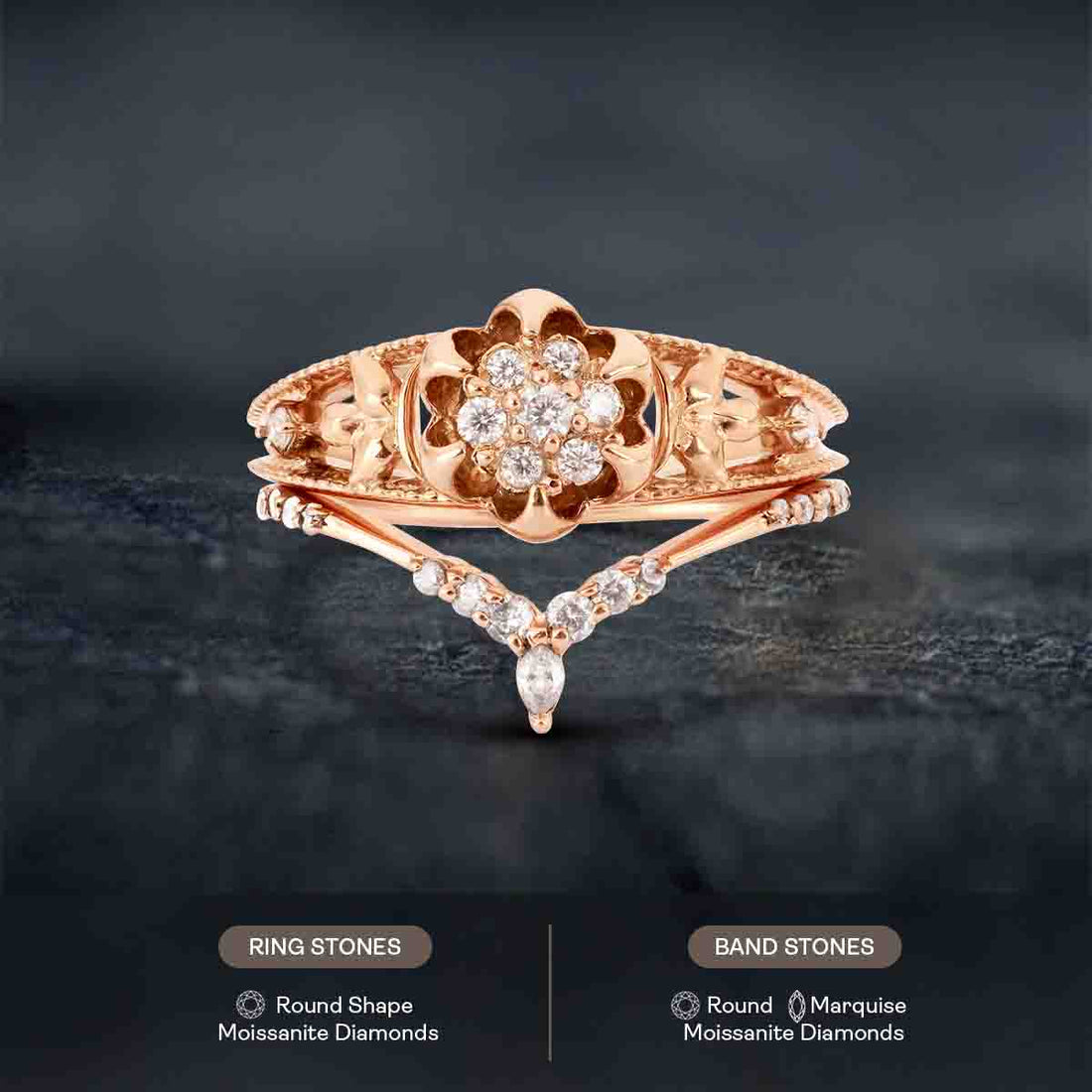 Blossom Flower Bridal Ring Set Moissanite Cluster Floral Art Deco