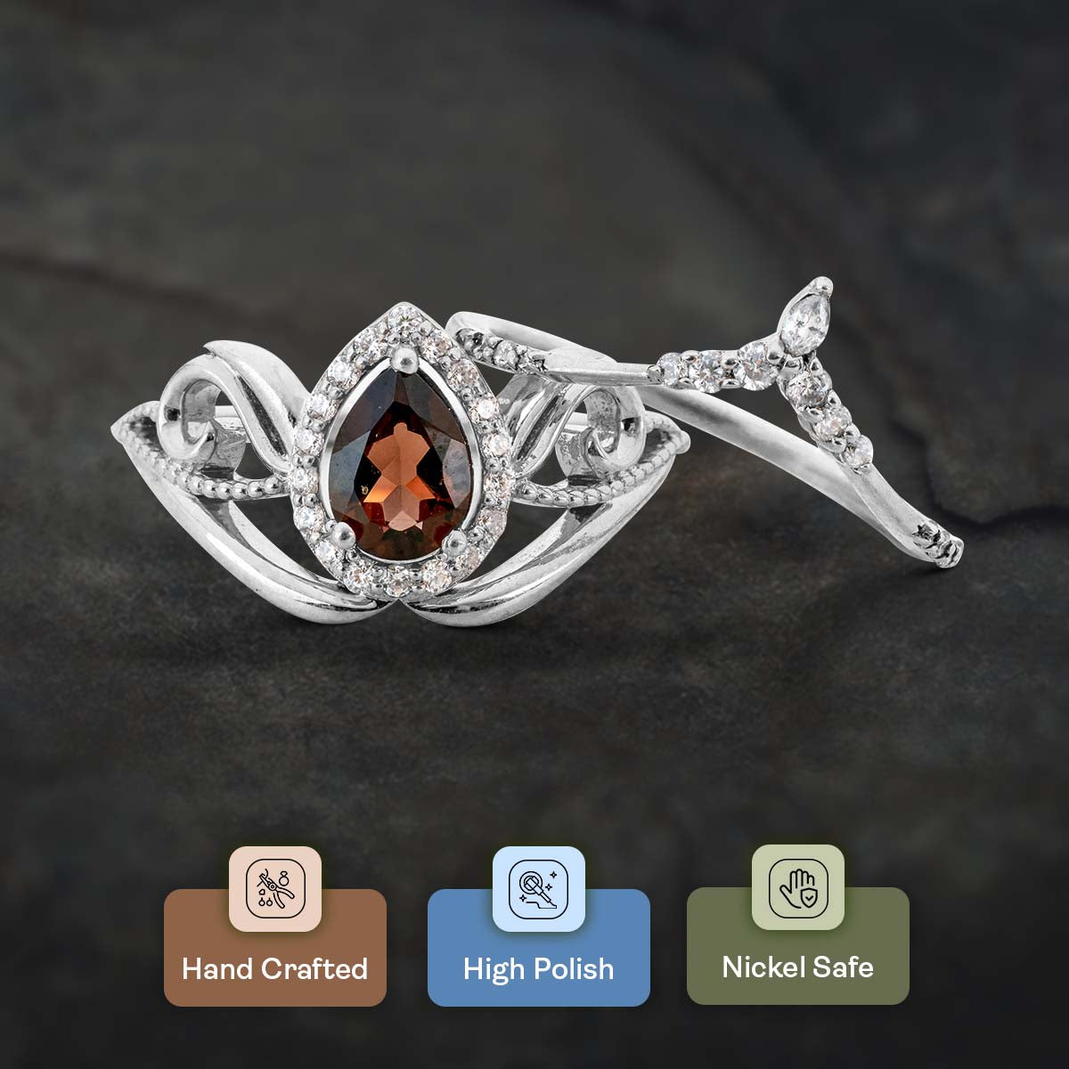 Teardrop Smoky Quartz Vintage Engagement Ring Set Rose Gold