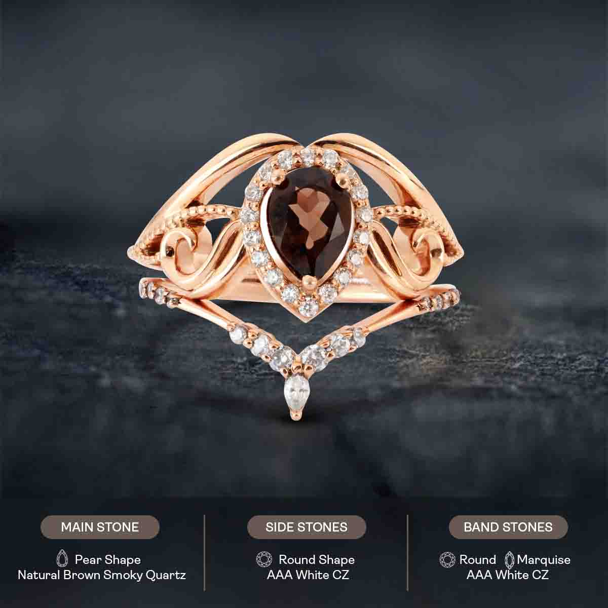 Teardrop Smoky Quartz Vintage Engagement Ring Set Rose Gold