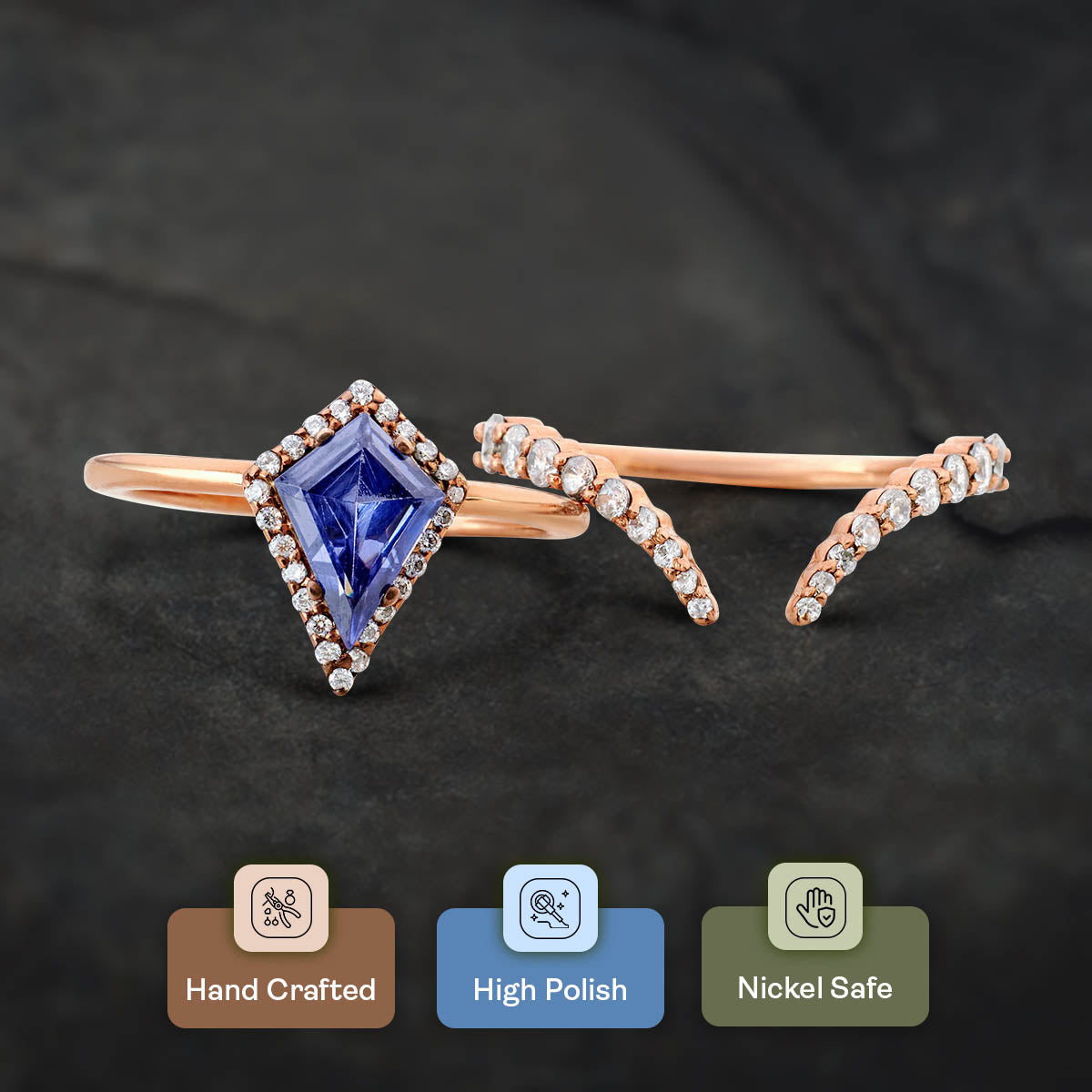 Kite Shaped Halo Engagement Ring Set Blue Titanic Gemstone
