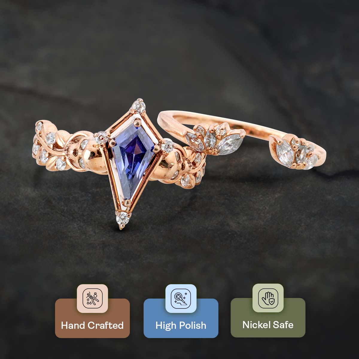 Leaf Vine Skull Wedding Ring Set Kite Cut Blue Titanic Gemstone