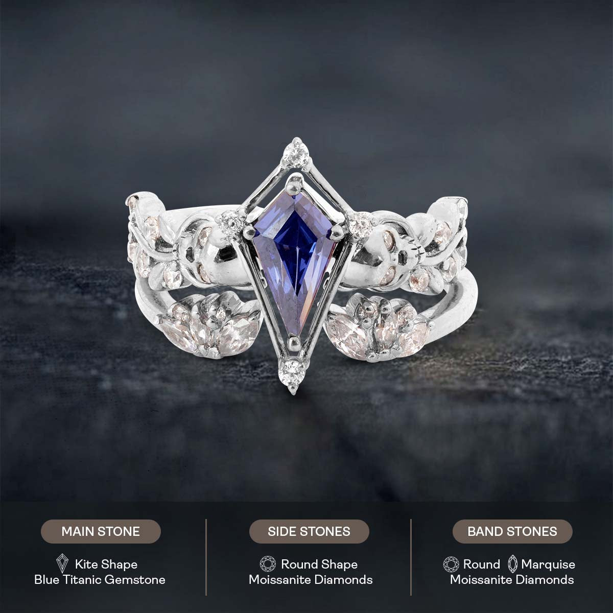 Leaf Vine Skull Wedding Ring Set Kite Cut Blue Titanic Gemstone