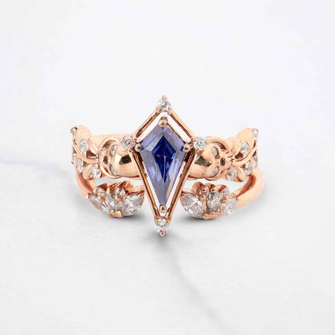 Leaf Vine Skull Wedding Ring Set Kite Cut Blue Titanic Gemstone