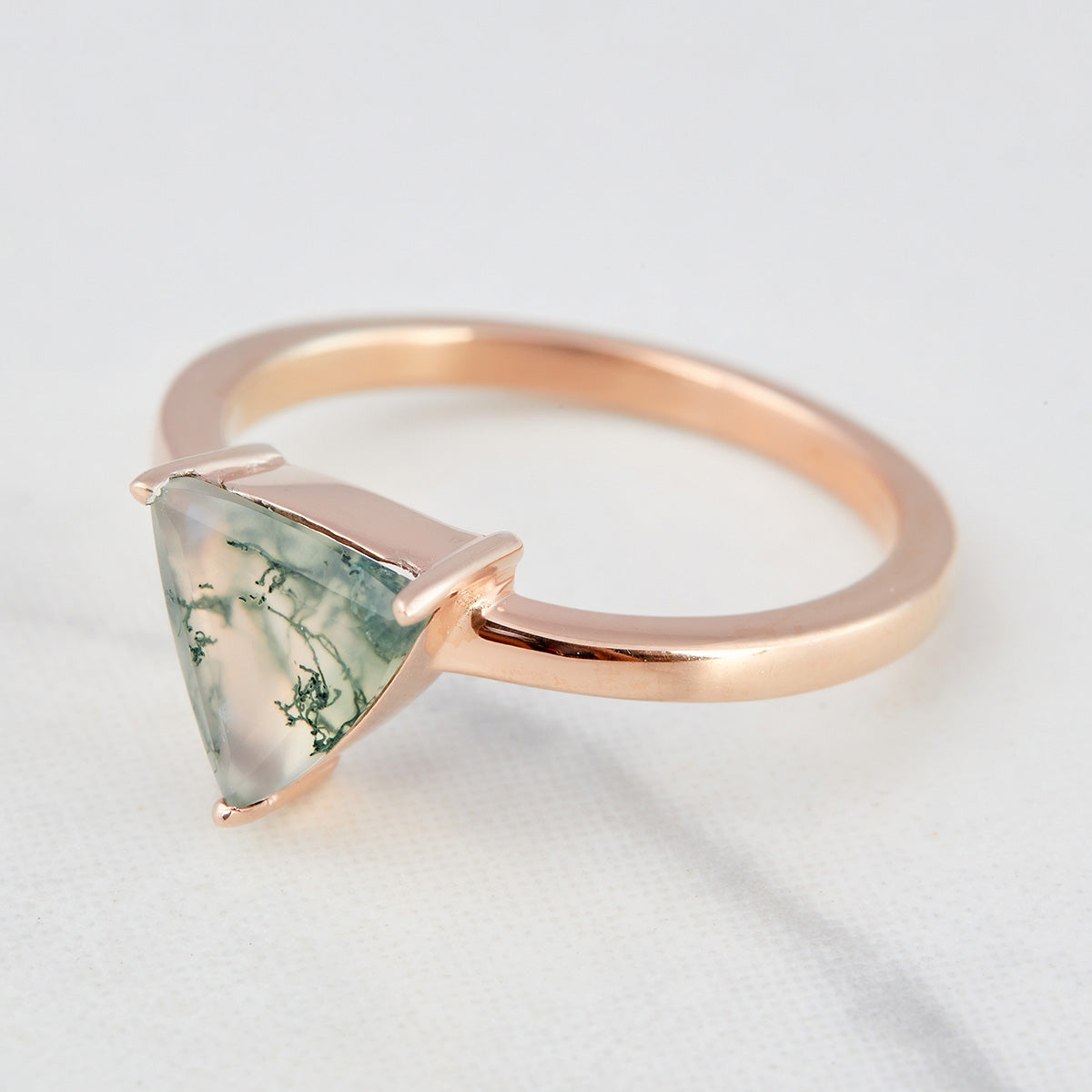 Trillion Cut Moss Agate Engagement Ring