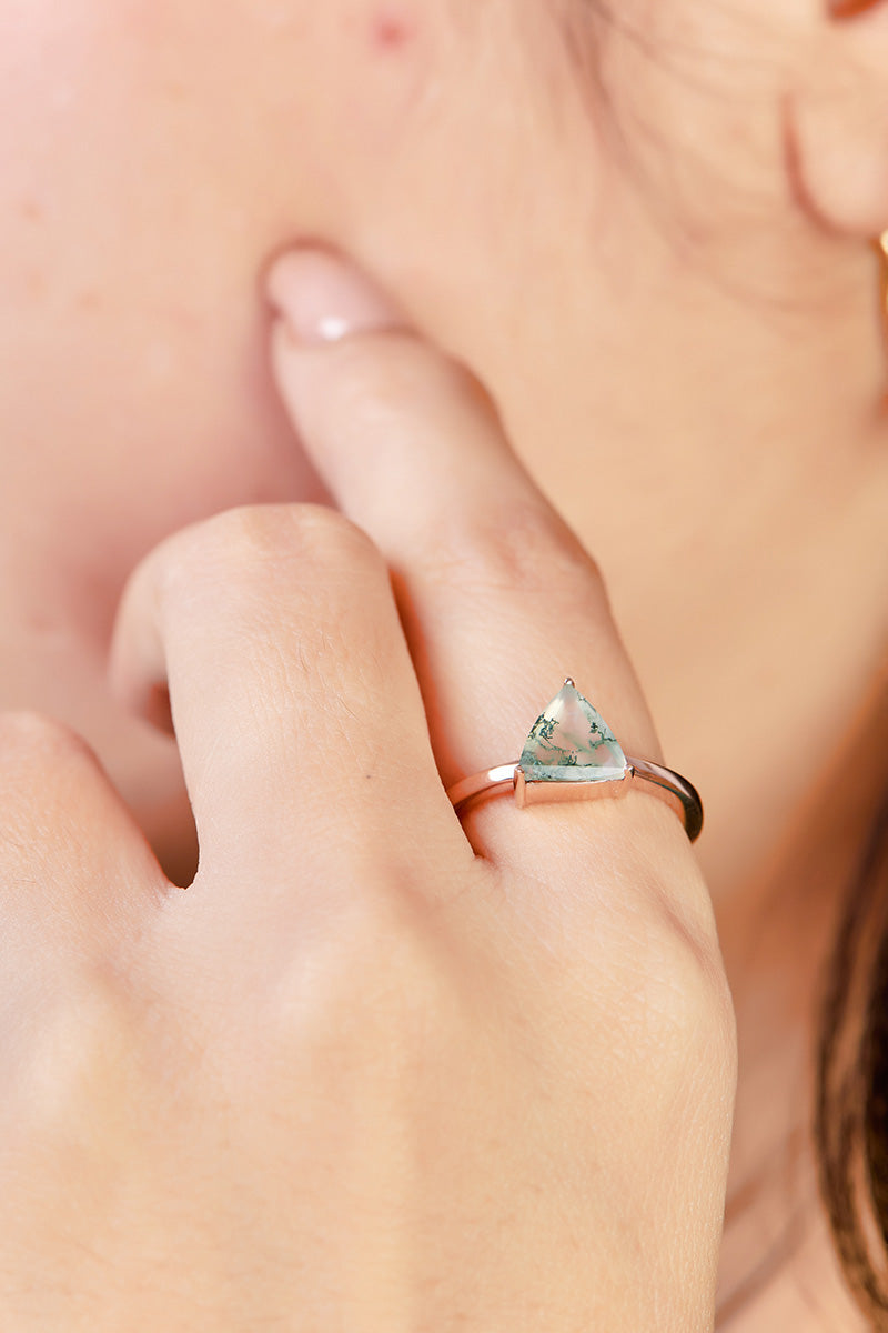 Trillion Cut Moss Agate Engagement Ring