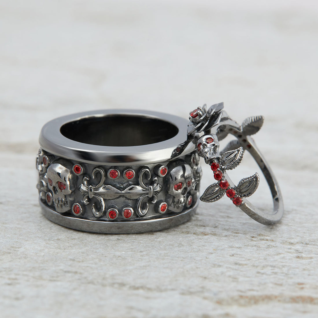 Flower Skull Matching Wedding Rings