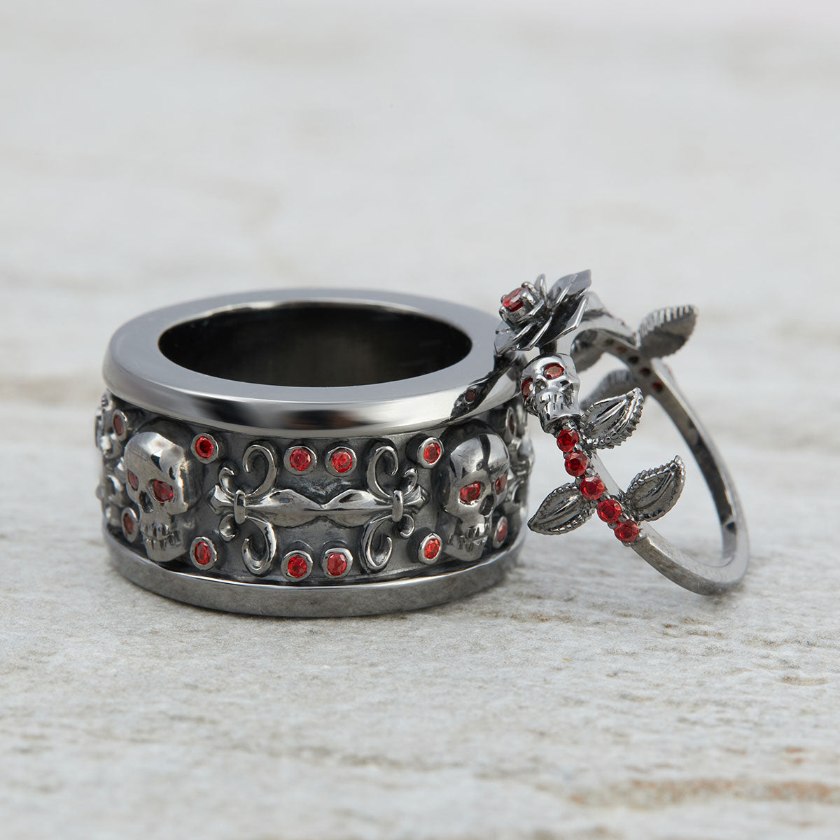 Flower Skull Matching Wedding Rings