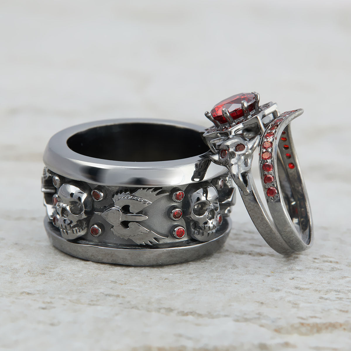 Trio Skull Wedding Ring Set