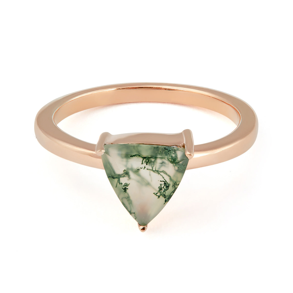 Engagement ring showcasing a translucent triangular moss agate with dark green inclusions.