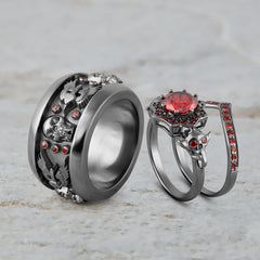 Trio Skull Wedding Ring Set His and Her Matching Gothic Rings