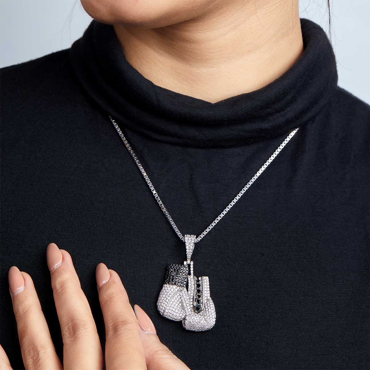 Boxing Gloves Pendant Necklace Iced Out Hip Hop Jewelry Unisex Sterling Silver Diamond
