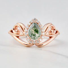 0.65CT Moss Agate Engagement Ring Halo Moissanite Floral Ring