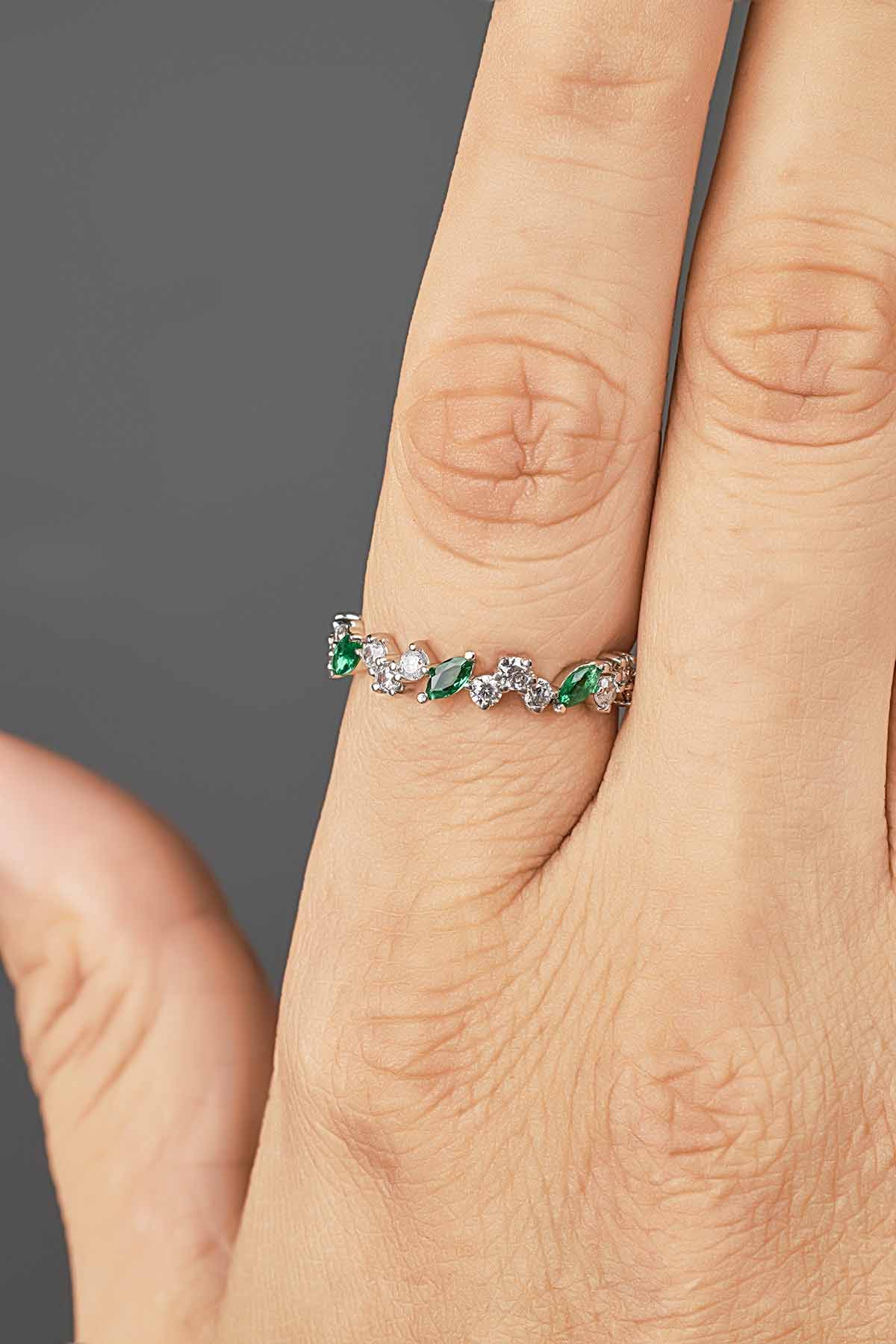 Wedding Bands Marquise Cut Green Emerald Round Diamond Eternity Band Promise Anniversary Ring Rose Gold White Gold