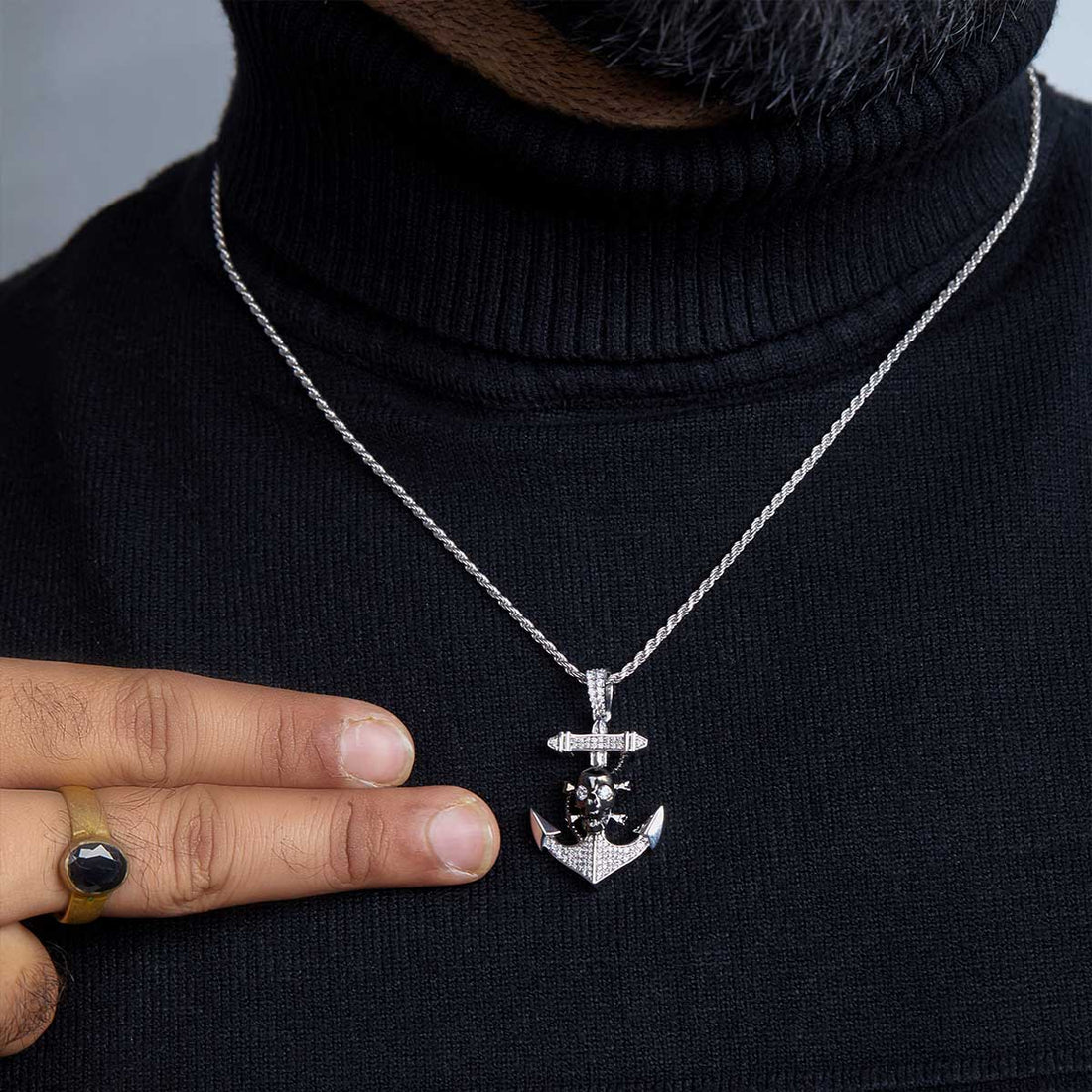 Skull and Anchor Necklace Two Tone Iced Out Gothic Jewelry Sterling Silver
