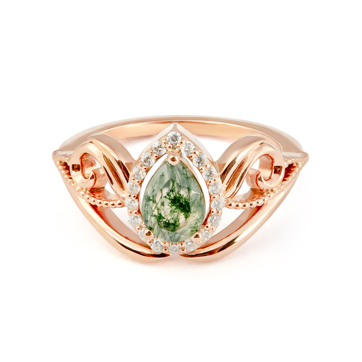 Pear-cut moss agate ring in rose gold with a sparkling diamond halo and ornate filigree band.