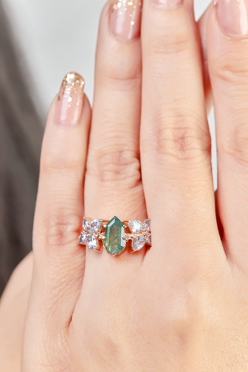 Butterfly Moss Agate Ring Set Shield Cut Engagement Ring Set
