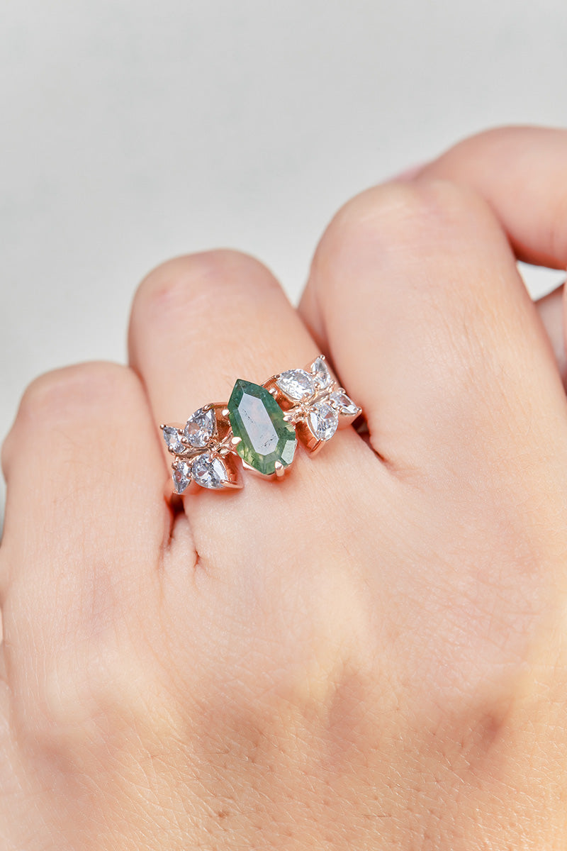 Butterfly Moss Agate Ring Set Shield Cut Engagement Ring Set