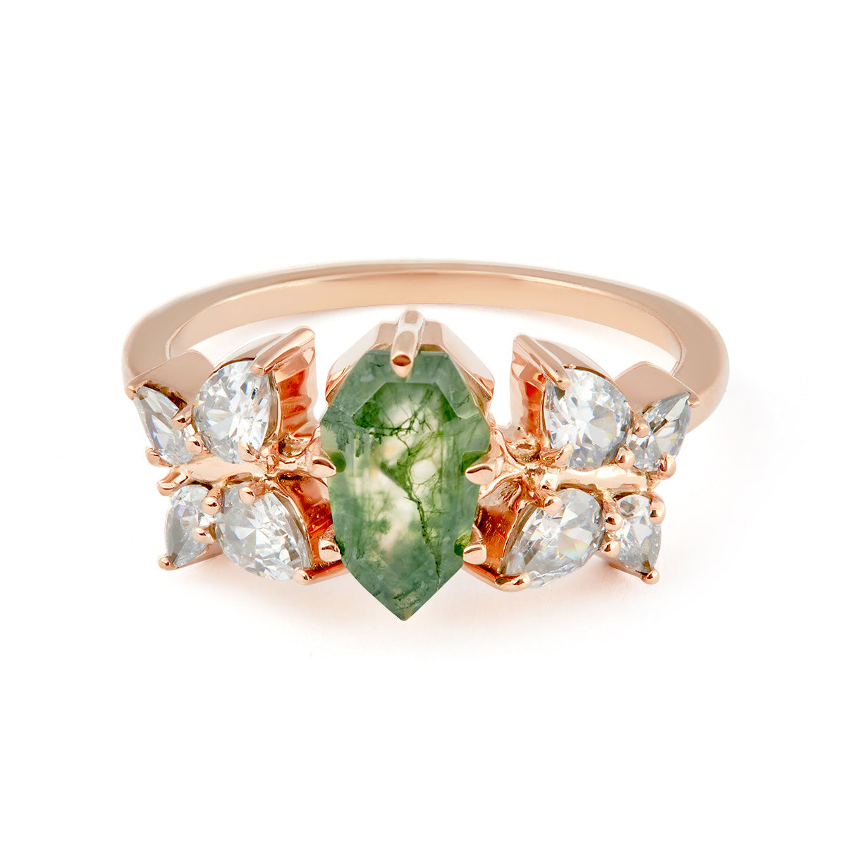 Rose gold ring with a hexagon-cut moss agate center flanked by clusters of marquise diamonds.